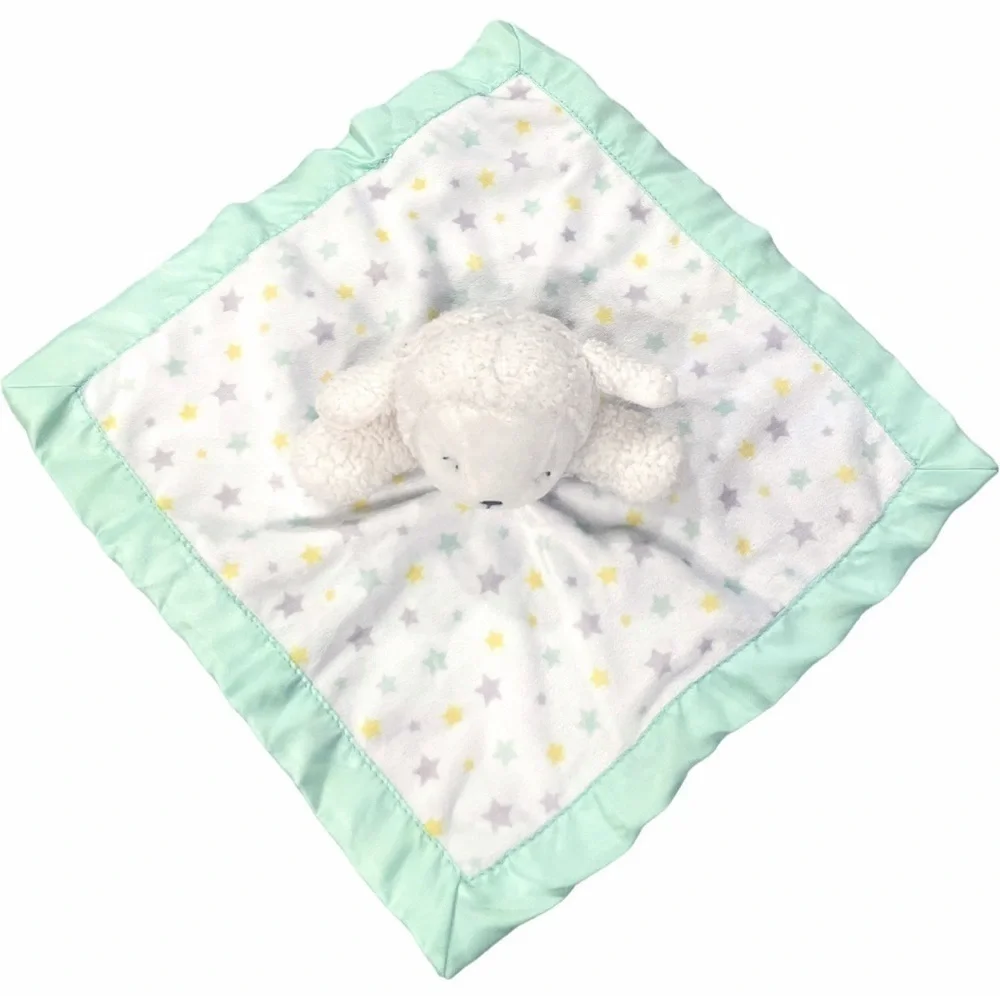 CARTERS Lamb Lovey Security Blanket Rattle Toy Satin Stars Mint Green Yellow 12”